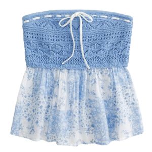 YUEZHONGWEI | French Sweet Blue Knitted Tube Top Women Summer Outdoor Design Slim Fit Shoulder Baring Sleeveless Shirt Commute Style Pure Color