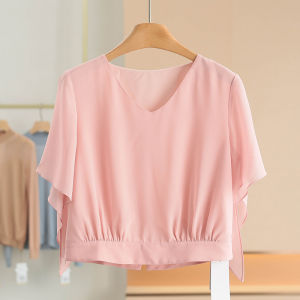 XKing Pure Color V-Neck Short Sleeve Wrap Neck Chiffon Shirt Summer New Arrival Womens Fashionable Top Polyester Fiber
