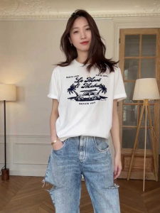 T-Shirt Wanita Lengan Pendek - Motif Mobil & Huruf Kreatif Katun Tipis Bernapas 2025 Desain Oversize Slim Fit Gaya Kampus Korea-Jepang Baju Kasual Premium High Street Gadis Manis Pedas Ukuran Besar Tops Kerah Bulat Slip-on Womens Clothing