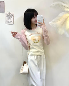 Áo Thun Cotton Dài Tay Ôm Vừa Vặn Yoho Sweet Gentle Color Block Womens Base Shirt Rabbit Print round Neck Commute Style