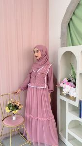 HANA DRESS - Gamis Crinkel Premium Mix Brokat Tile Mutiara Busui dan Wudhu Friendly