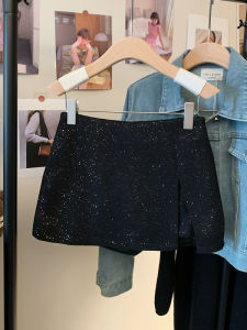 Fall Winter Thickened Woolen A-Line Mini Skirt High Waist Zipper Side Slit Sequin Womens Skirts Korean Style Short Skirts