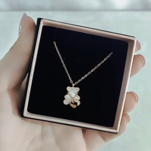 SO SEOUL Pretty Teddy Bear Chain on Neck Mother of Pearl Rose Gold Pendant Necklace