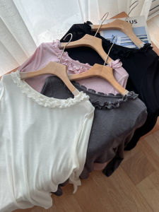 Elegant Long Sleeve T-Shirt Womens Skin-friendly Base Layer Shirt Lace Trim One-Shoulder Wool Lyocell Gentle Beauty