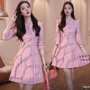 Sweet Girl French Style Temperament Print Long Sleeves Dress Womens Autumn New Arrival Waist-Tight Young Slim Looking Fake Two-Piece Skirts Women
