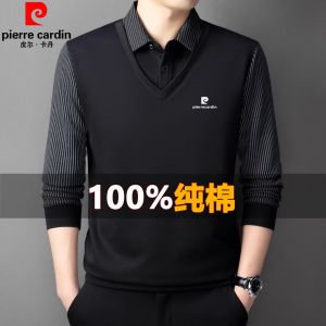 Áo Thun Polo Pierre Cardin Tay Dài Mùa Xuân Thu Cotton Nguyên Chất Thường Ngày Cổ Polo Nam Giả Hai Mảnh Thoáng Khí Ấm Áp