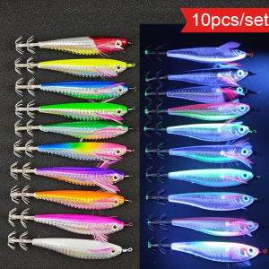 10pcs Horizontal Egi Set 10.5cm Glow Squid Jig Hanchi Egi Large Octopus Tackle Sea Cuttlefish Simulation Shrimp Bait UV Shrimp