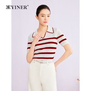 Color Block Seagull Collar Striped Acetate Linen Blend Knitwear