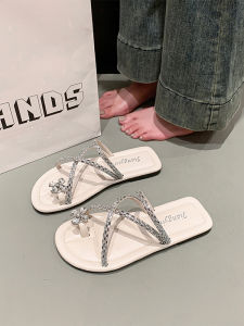 French Rhinestone Toe Slippers Womens Summer Outdoor Fashion Flat Bottom Beach Sandals Anti-Slip Low Heel PU Leather