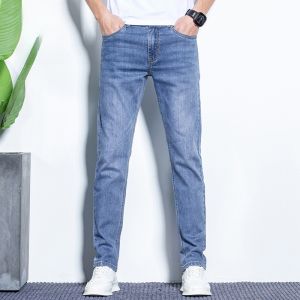 ROMON | Lormen Mens Ice Silk Jeans Mid Low Waist Long Pants Spring Autumn New Style Slim Straight Washed Light Blue Casual Ankle-Length