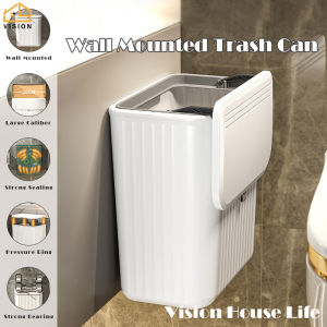 Vision 8L/12L Wall Mounted Trash Can with Lid Kitchen Compost Bin Door Hanging Cabinet Toilet Waste Paper Bucket Food Waste Container Garbage Can for Bathroom/ Bedroom/ Office