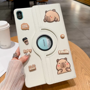 CrashStar Capybara 360° Rotating Stand Flip Leather Tablet Cover For Samsung Galaxy Tab A7 Lite A9 8.7 inch A8 10.5 inch Tab A9+ 11 inch Tab S6 Lite 10.4 inch S7 S8 S9 FE 10.9 inch S10 + Plus 12.4 inch Tab Case Pad Casing Cute Cartoon Shockproof Skin