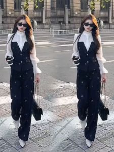 Autumn 2025 New High Waist Wide Leg Pants Two-Piece Set Womens Long Sleeve Spliced Shirt Korean Style Fashion Ensemble