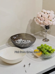ODOROKU Modern Creative Stylish Large Fruit Bowl/ Basket Food Grade Wave Design Multifunctional Decorative Plastic Fruit Holder Stand Storage Baskets for Countertop Grey Beige Transparent