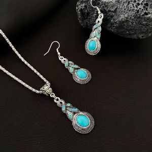 Bộ Vòng Cổ Khuyên Tai Trang Sức Phong Cách Retro Cổ Điển Thanh Lịch Hình Giọt Nước Gắn Đá Màu Xanh Sang Trọng Độc Đáo Dây Chuyền Bông Tai To Bản Màu Bạc VC-108 KT-168