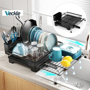 Veckle 【2025 New】Dish Rack Organizer Dishes Draining Rack Plate Organizer Kitchen Organizer Storage Shelves