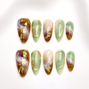 10pcs/bag Purple Flower Cat Eye Silver Chrome Smudge Effect Handmade Press On Nails Almond Detachable False Nails