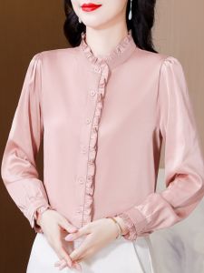 เสื้อเชิ้ตผู้หญิงแขนยาวผ้าชีฟองคอตั้งสไตล์ OL ทรงตรง ผ้าซาติน ผ้าฝ้ายผสม เสื้อเชิ้ตผู้หญิงสีพื้น ฤดูใบไม้ผลิ