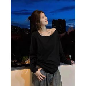 South Korea off-Shoulder Long Sleeves T-Shirt Womens Autumn Pure Desire One-Shoulder Cold-Shoulder Idle Style Loose Slim Looking Fancy Tops