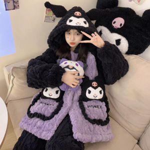 Thickened Coral Fleece Pajamas Womens Home Clothes Set Long Sleeve Straw Bear Cartoon Print Flannel Sleepwear Winter Nightgown