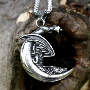 2022 NEW Mens 316L stainless-steel Viking Sleeping Dragon On The Moon Pendant Necklace fashion  Animal jewelry free shipping