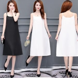 Thon Gọn Chiều Dài Giữa Đầm Nữ Đế Đeo Bên Trong Váy  Áo Hai Dây Cỡ Lớn Dáng Chữ A Đầm Cộc Tay Không Tay Cổ Tròn Polyester Sợi