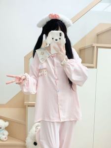 Original Cute Strawberry Lazy Bear Cloud Cotton Sleepwear Long Sleeve Loose Home Clothes for Girls Sweet Pink Long Pants