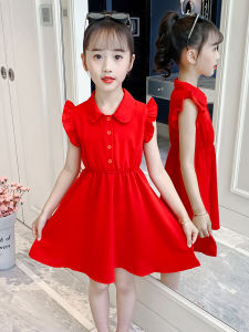 Girls Summer Thin Waist Cinched Princess Dress Childrens Summer Outfit Lady Dress Red Skirt Short Sleeve Pure Color Polyester Fiber