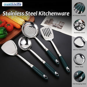 JustLiving 1Pc Premium 304 Stainless Steel Kitchen Utensil Set Long Handle Cooking Spoon PP Matte Finish Handles Slotted Spoons for Cooking Wok Spatula Skimmer Soup Ladle