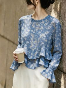 KUNAILIN | Blue Flowered Ruffled Commuter Style Womens Shirt