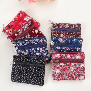 Lightweight Soft Cotton Zipper Coin Purse Key Holder Retro Mini Floral Design for Middle-Aged And Elderly Women