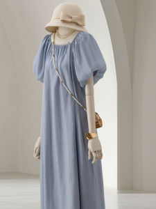 Elegant Blue Bubble Sleeve Knee-Length Dress Womens Summer New Style French Gentle Large Maturity Atmosphere Dress