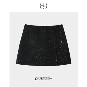 plusmall | Chân Váy Ngắn Thời Trang Nữ Mùa Đông Len Có Khe Bên Điểm Xuyết Bạc
