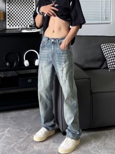 Retro Washed American High Street Yellow Clay Dye Jeans Loose Straight Casual Long Trousers for Men Modern Style Spring Autumn