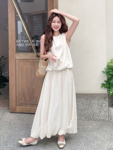 Muted Beige French Gentle Style Womens Vest Skirt Set Summer New Arrival Two-Piece Suit Soft round Neck Polyester Fiber
