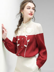 New Year Red Womens Shirt 3D Floral Design Commute Style Polyester Cotton Blend Long Sleeve Straight Cut French Style Top