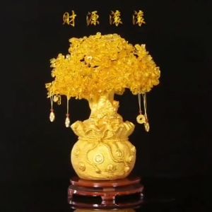 黄水晶招财树 发财树 财源滚滚 开运 纳福 送礼 摇钱树 聚宝盆 五帝钱 家居装饰品 开业礼品 风水摆件 Resin Lucky Tree Feng Shui Decoration