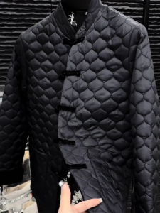 Mens Autumn Winter Velvet Tang Suit Top Thin Cotton Tunic with Button Splicing Fashionable Versatile Handsome Trendy