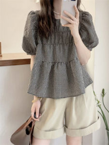 AIYITI | French Check Short Sleeve Shirt for Plus Size Women 2026 Summer New Slimming Top