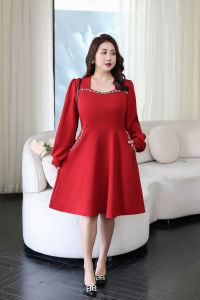 Korean Style Red Celebration Dinner 300 Pounds Autumn Winter New Slimming New Year Long Sleeve Base Dress A-Line Skirt Polyester