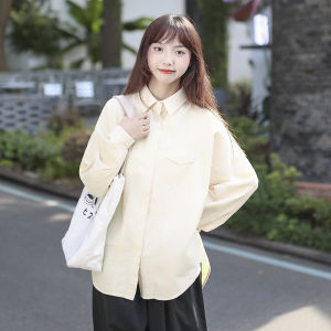 Chic Pink Long Sleeve Shirt Womens Loose Lazy Style Spring Autumn Cotton Workwear Top Sweet Pure Color Polo Collar Multi-Buckled