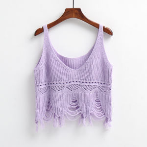 Spring New Pure Color Knitted Short Vest Womens V-neck Tassel Hollow Versatile Strapless Top Casual Basic Fit Nylon Fiber