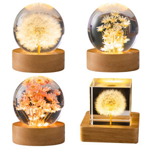 10THFlower Desk Lamp with Woodern Base Forever Flowers Crystal Ball Light Office Home Decor Round Ball Night Lamp