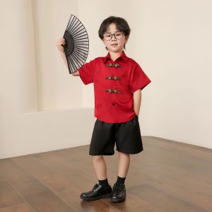 DSF Studio ฤดูร้อนใหม่ปกจีนสไตล์จีนเด็กผู้ชายชุดหัวเข็มขัด jacquard เด็ก Hanfu แฟชั่นและชุดลำลอง Tang