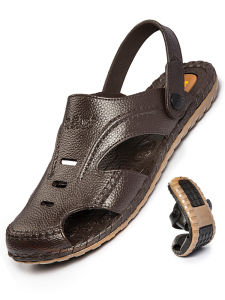 Mens Rubber Sandals Summer Breathable Slip-On Beach Shoes Thick Bottom Casual Wear Comfortable Cowhide Sole Anti-Slip