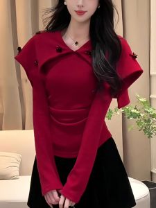 Red New Year Long Sleeve Knitted Shawl Womens Base Shirt 2025 Autumn Winter New Style Korean Version Cashmere Blend