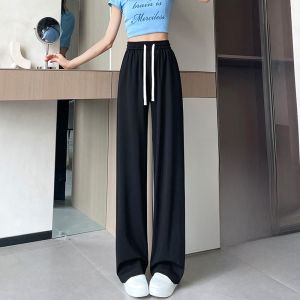 YAMIANNV | Quần thể thao dệt kim cạp cao mùa thu 2024 Quần ống rộng thường ngày cho nữ Quần cotton dài đến mắt cá chân có túi