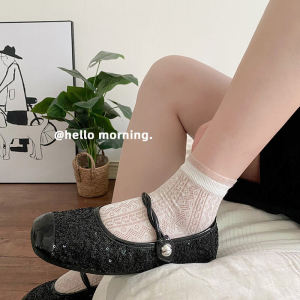Girls Wearing Small Leather Shoes ~ Lace Edge Socks Womens Summer White Short Socks Breathable Cool Feeling Thin Daily Style