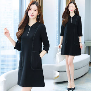 Elegant Polo Collar Straight Dress plus Size Womens Fashion Korean Style Spring Autumn Polyester Cotton Blend Midi Dress
