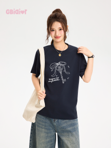 Gbiaior | Ribbon Print Navy Blue Slimming Womens T-Shirt
